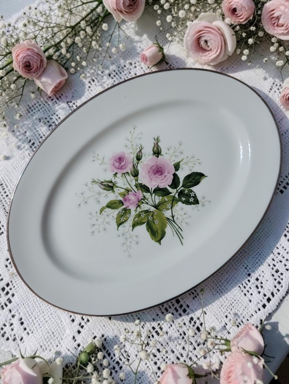 Vtg 1986 13 1/2"  Platter RSO1 Royal Sovereign USA Pink Roses Baby's Breath